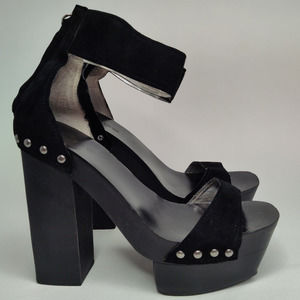 Bebe Y2K Wood Chunky High Heel Platform Peep Toe Suede Black Heels Size 7.5